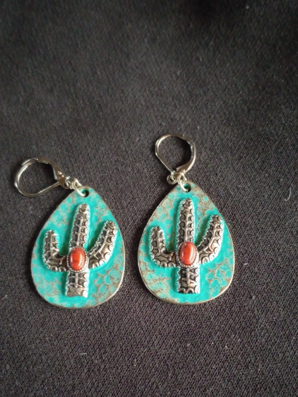 Hand Crafted Turquoise and Coral Cactus Teardrop Earrings